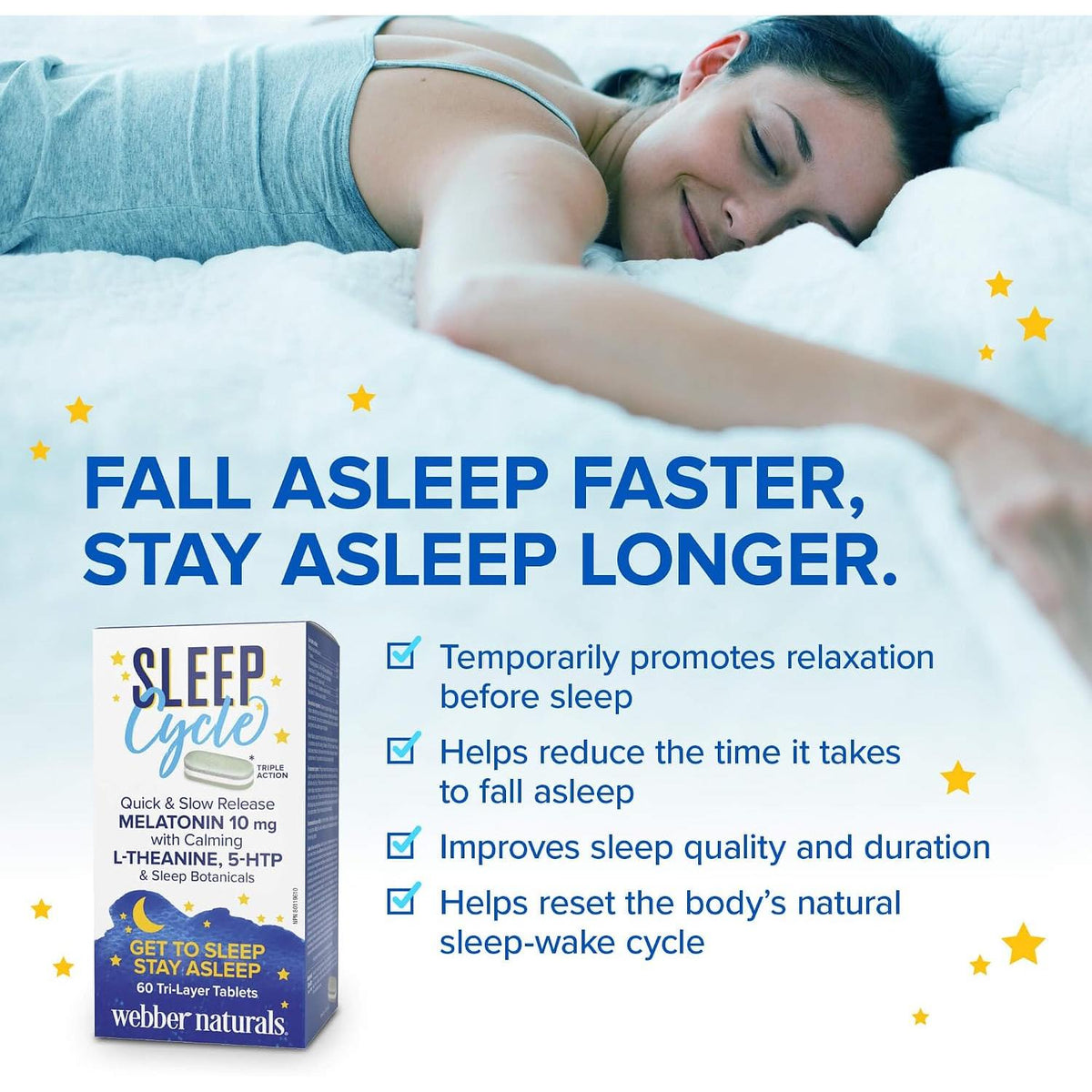Webber Naturals Sleep Cycle Melatonin with L-Theanine, 5-HTP & Sleep Botanicals, 60 Tri-Layer Tablets, For Sleep, Inner Calm, Stress & Anxiety Support, Vegan