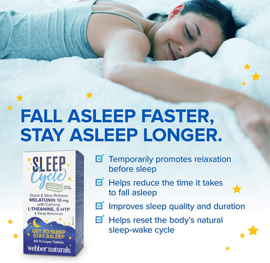 Webber Naturals Sleep Cycle Melatonin with L-Theanine, 5-HTP & Sleep Botanicals, 60 Tri-Layer Tablets, For Sleep, Inner Calm, Stress & Anxiety Support, Vegan