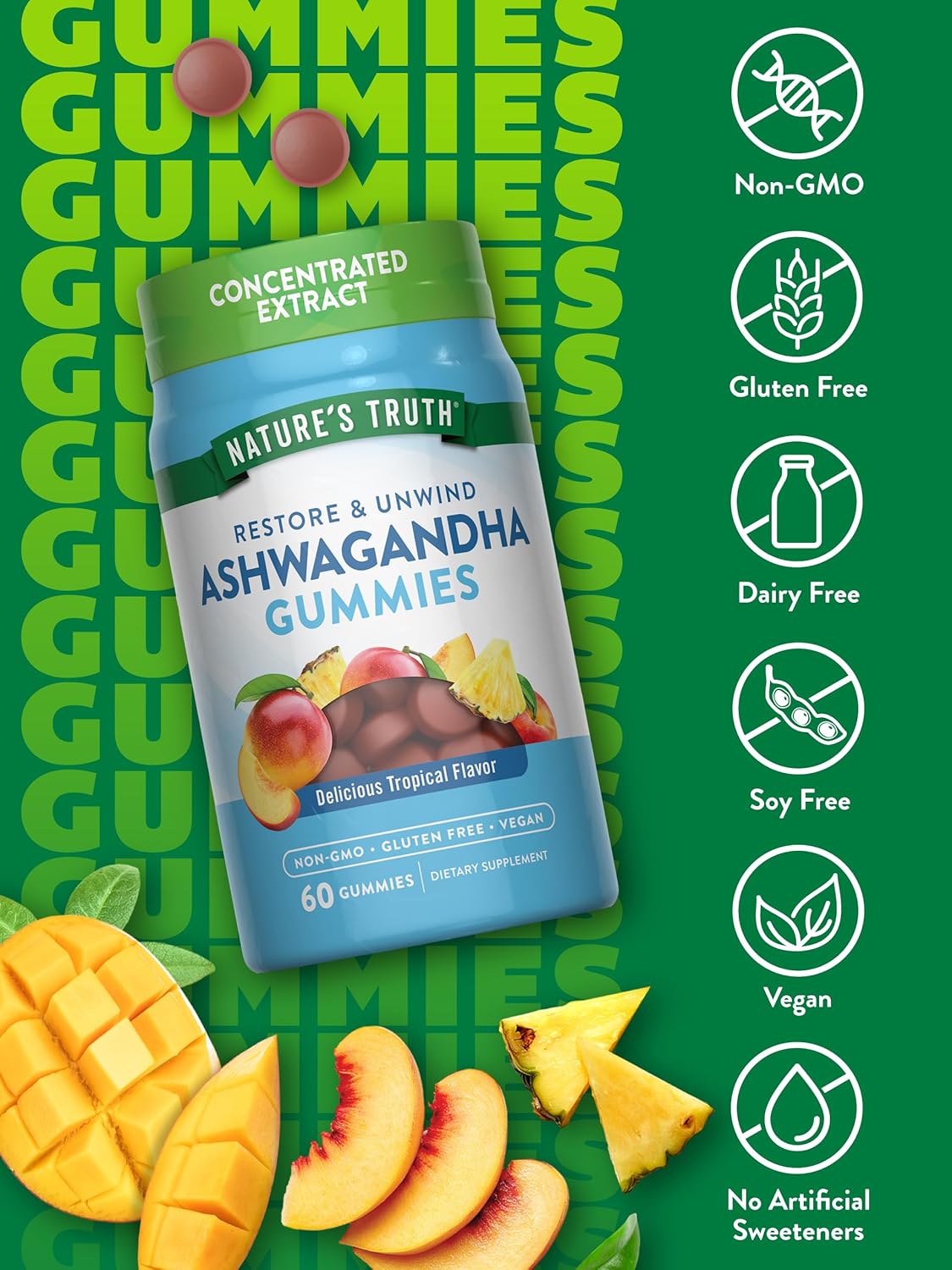 Nature's Truth Ashwagandha Gummies | 60 Count | Tropical Flavor | Vegan, Non-GMO, & Gluten Free Supplement | Vegan, Non-GMO & Gluten Free Supplement
