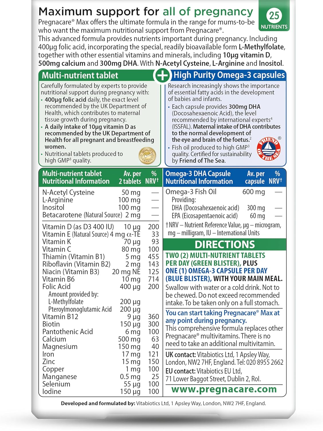 Pregnacare MAX Pregnancy Vitamins 56 TABLETS  - Greater Prenatal Care for Women, Supplement with Added Omega-3 DHA for Normal Brain and Eye Development
