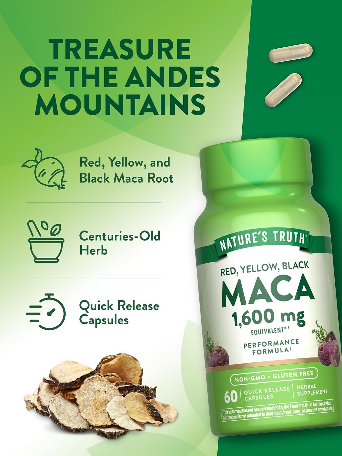 Nature's Truth Maca Root | 60 Quick Release Capsules | Red, Yellow, and Black | Performance Formula | Non-GMO & Gluten Free
