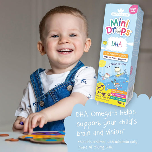 Natures Aid DHA Omega-3 Mini Drops for Babies, Kids & Children 50ml | Supports Brain & Vision Health, Sugar-Free, Vegan, Gluten-Free, Non-GMO, Ages 0-5, Dropper Included