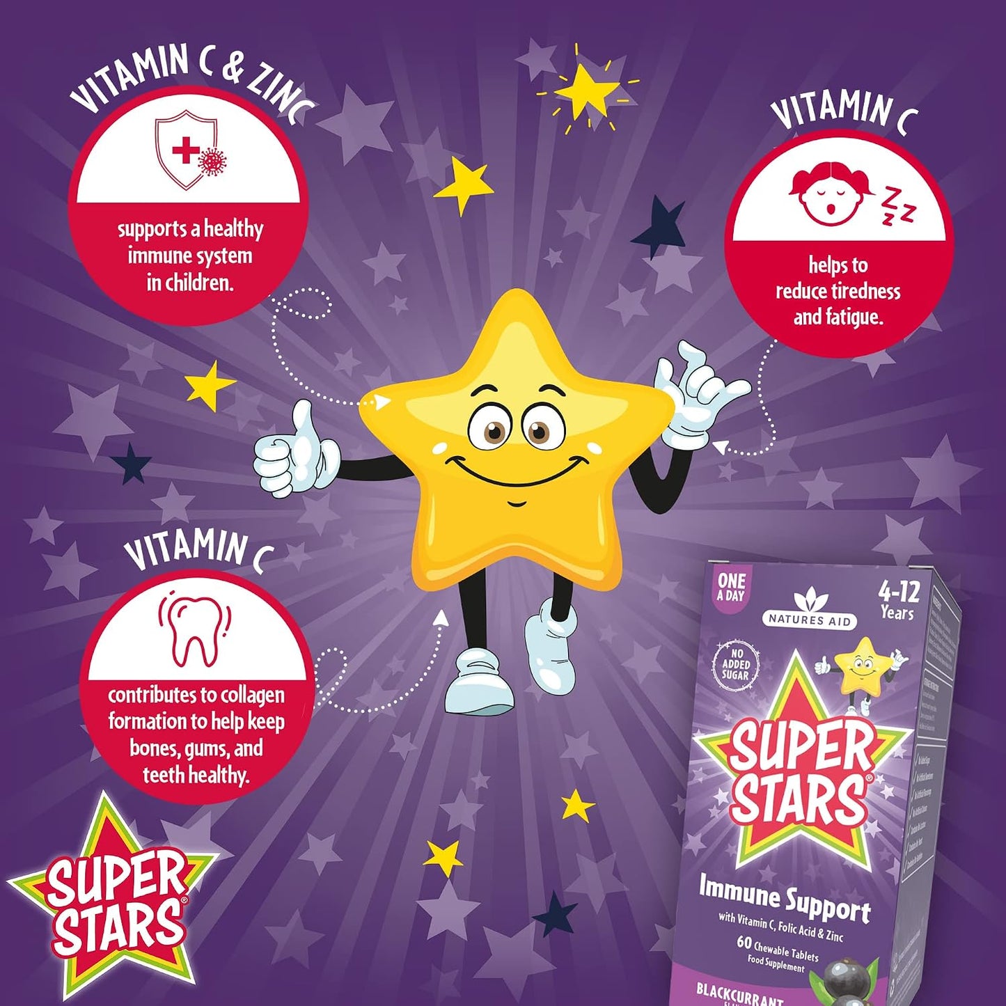 Natures Aid Super Stars Immune Support Chewable Supplement – 60 Tablets | Vitamin C, Zinc, Elderberry & Folic Acid, For Kids Ages 4-12, Supports Immunity, Growth & Energy, Vegan