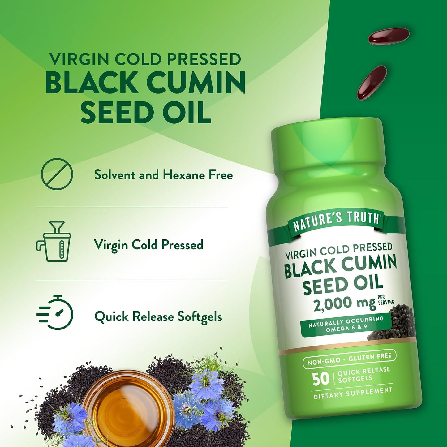 Nature's Truth Black Cumin Seed Oil 2000 mg | 50 Softgels | Cold Pressed Pills | Non-GMO & Gluten Free