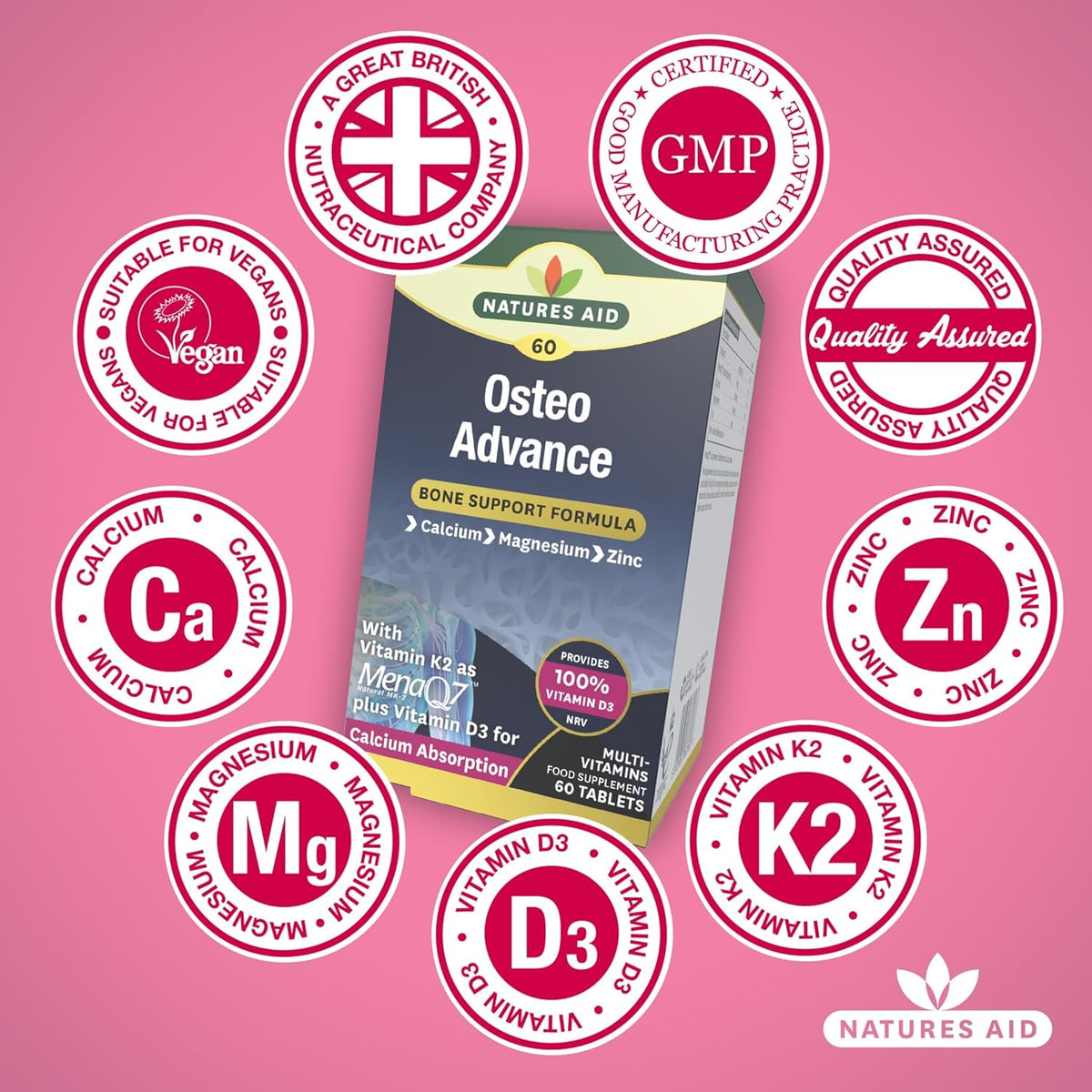 Nature's Aid Osteo Advance Bone Support Formula 60 Tablets - Calcium, Magnesium, Zinc, Vitamin D3 & K2 (MenaQ7), Bone Strength, Teeth Health & Calcium Absorption,