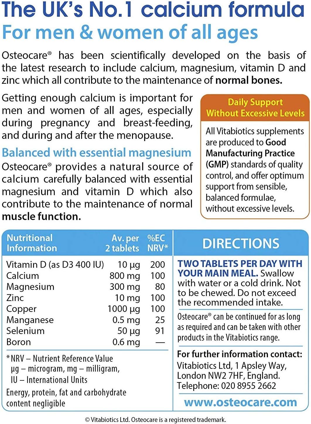 Osteocare Original 30 Tablets | Health Formula with Calcium, Magnesium, Vitamin D & Zinc | Advanced Formula to Help Maintain Strong Bones | for Men & Women - All Ages