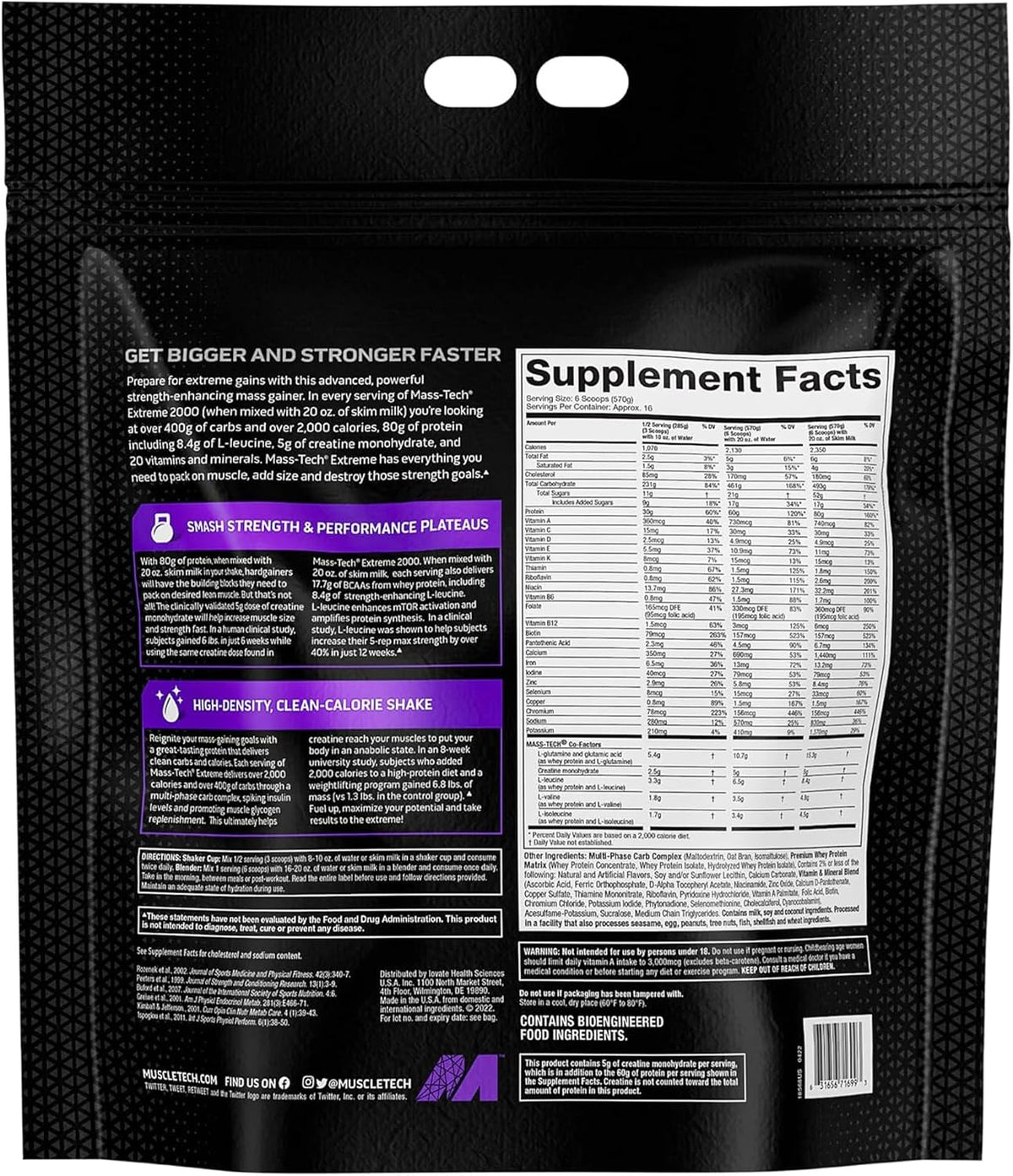 Mass Gainer Protein Powder, MuscleTech Mass-Tech Extreme 2000, Muscle Builder Whey Protein Powder, Protein + Creatine + Carbs, Max-Protein Weight Gainer for Women & Men, Vanilla, 20 lbs 9kgs