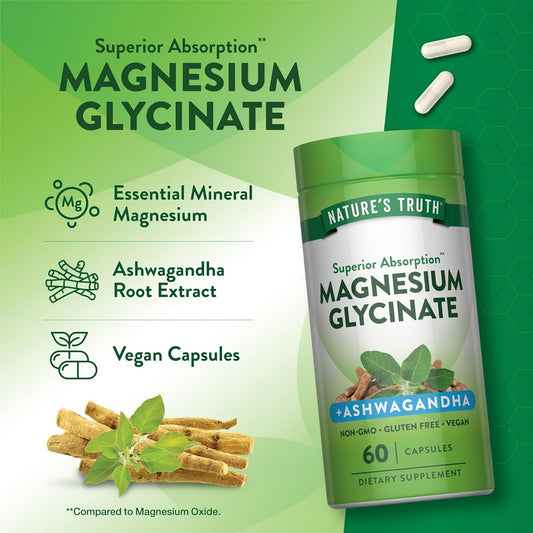 NATURE’S TRUTH MAGNESIUM GLYCINATE PLUS ASHWAGANDHA CAPS 60’S