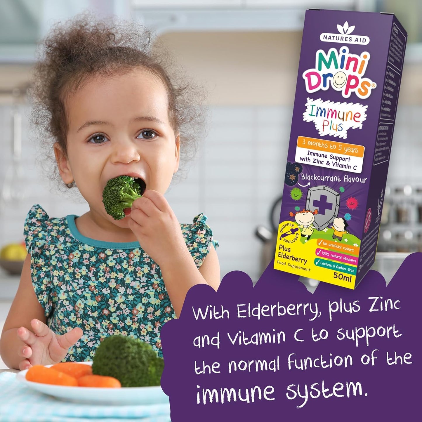 Natures Aid Mini Drops Immune Plus Supplement for Kids & Children 50ml | Immune Support with Zinc & Vitamin C, Sugar Free, Vegan, Non-GMO, Ages 0-5, Dropper Included