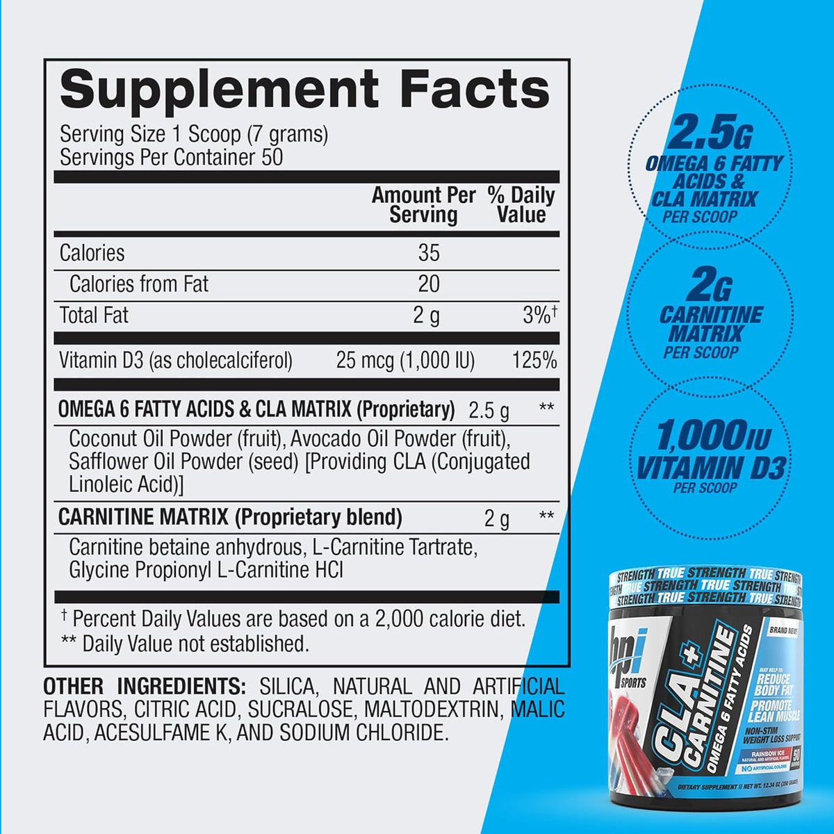 BPI Sports CLA + Carnitine Powder – Caffeine Free, Rainbow Ice 350G , 50 Servings