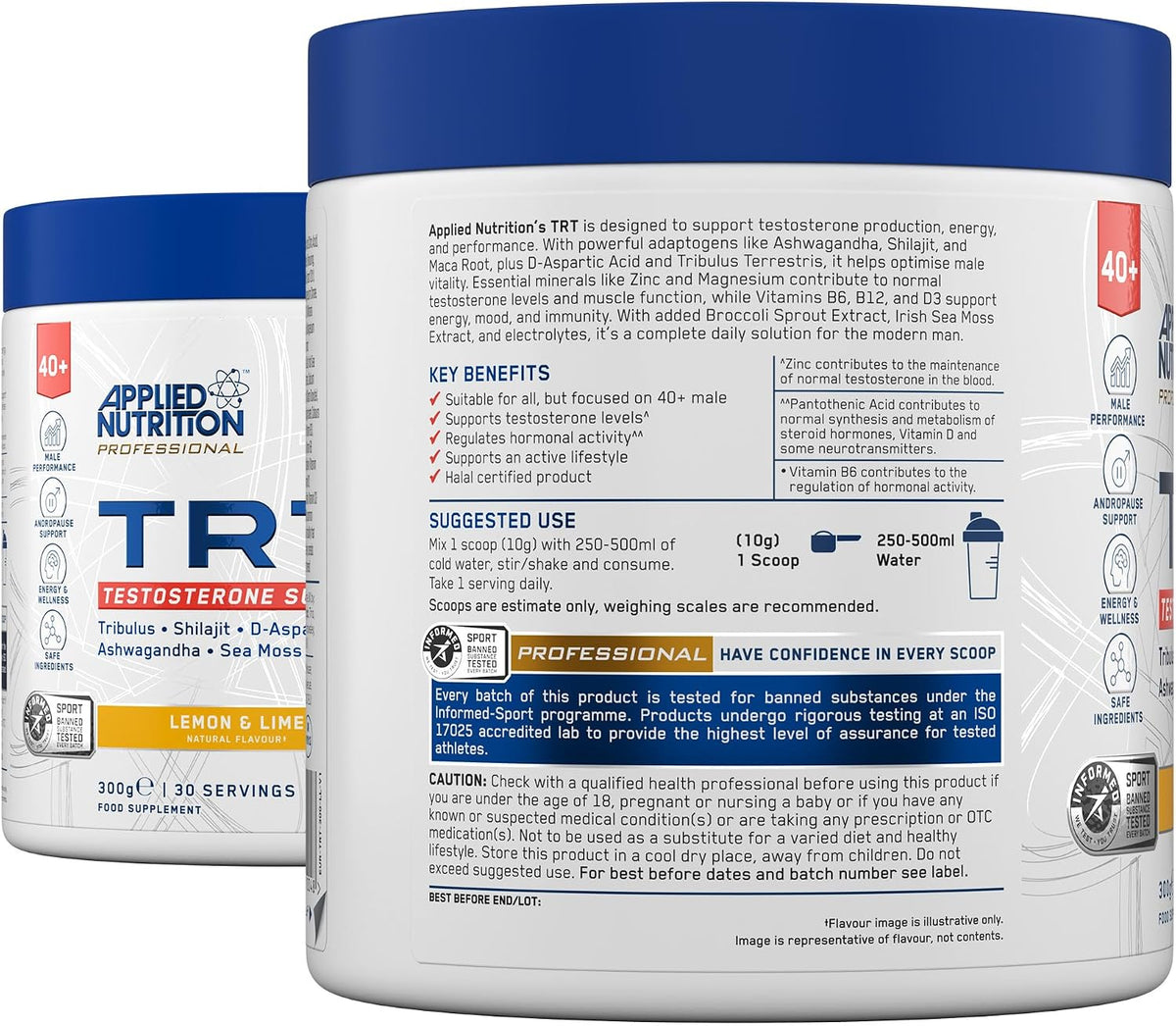 Applied Nutrition TRT TESTOSTERONE  for Men Over 40 | Zinc, Magnesium, D-Aspartic Acid, Maca, Ashwagandha & Sea Moss | Informed Sport – Lemon & Lime (300g – 30 Servings)