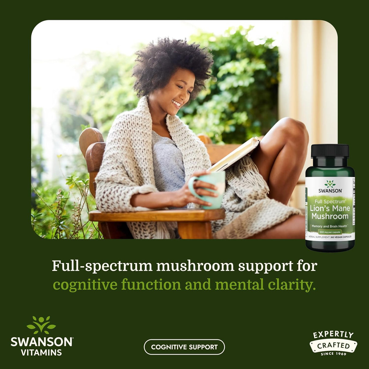 Swanson Lion's Mane Mushroom, 500 mg, 60 Vegan Capsules, | For Professionals Seeking Mental Focus, Memory, and Clarity Support, Supports Healthy Nerve Cell Growth