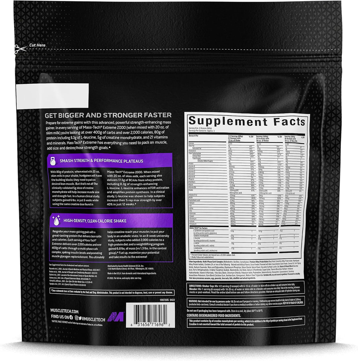 MuscleTech Mass Tech Extreme 2000 High Protein Mass Gainer Enhance Muscle Size & Strength, Increase Performance & Supports Muscle Recovery for Men & Women, Triple Chocolate Brownie Flavor, 6.00 lbs 2.72KG