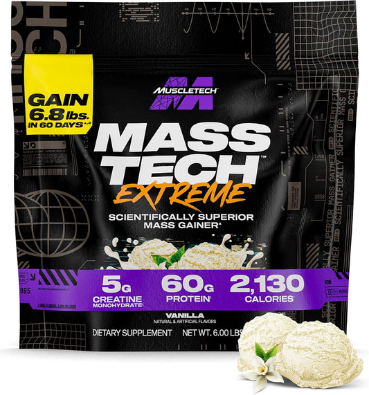 MuscleTech High-Protein Mass Gainer - Vanilla Milkshake, 6LB | Mass Tech Extreme 2000 Weight Gainer Protein Powder for Increased Muscle, Enhanced Recovery & Strength