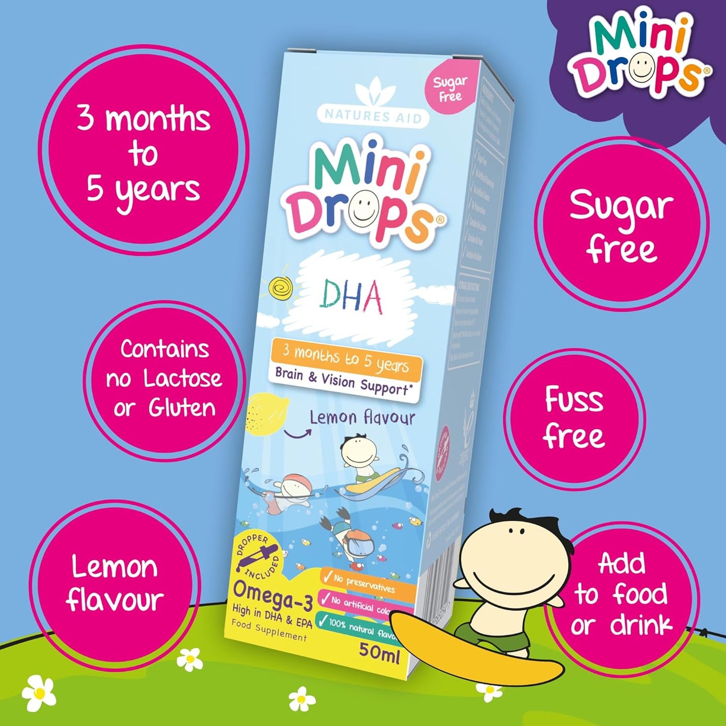 Natures Aid DHA Omega-3 Mini Drops for Babies, Kids & Children 50ml | Supports Brain & Vision Health, Sugar-Free, Vegan, Gluten-Free, Non-GMO, Ages 0-5, Dropper Included