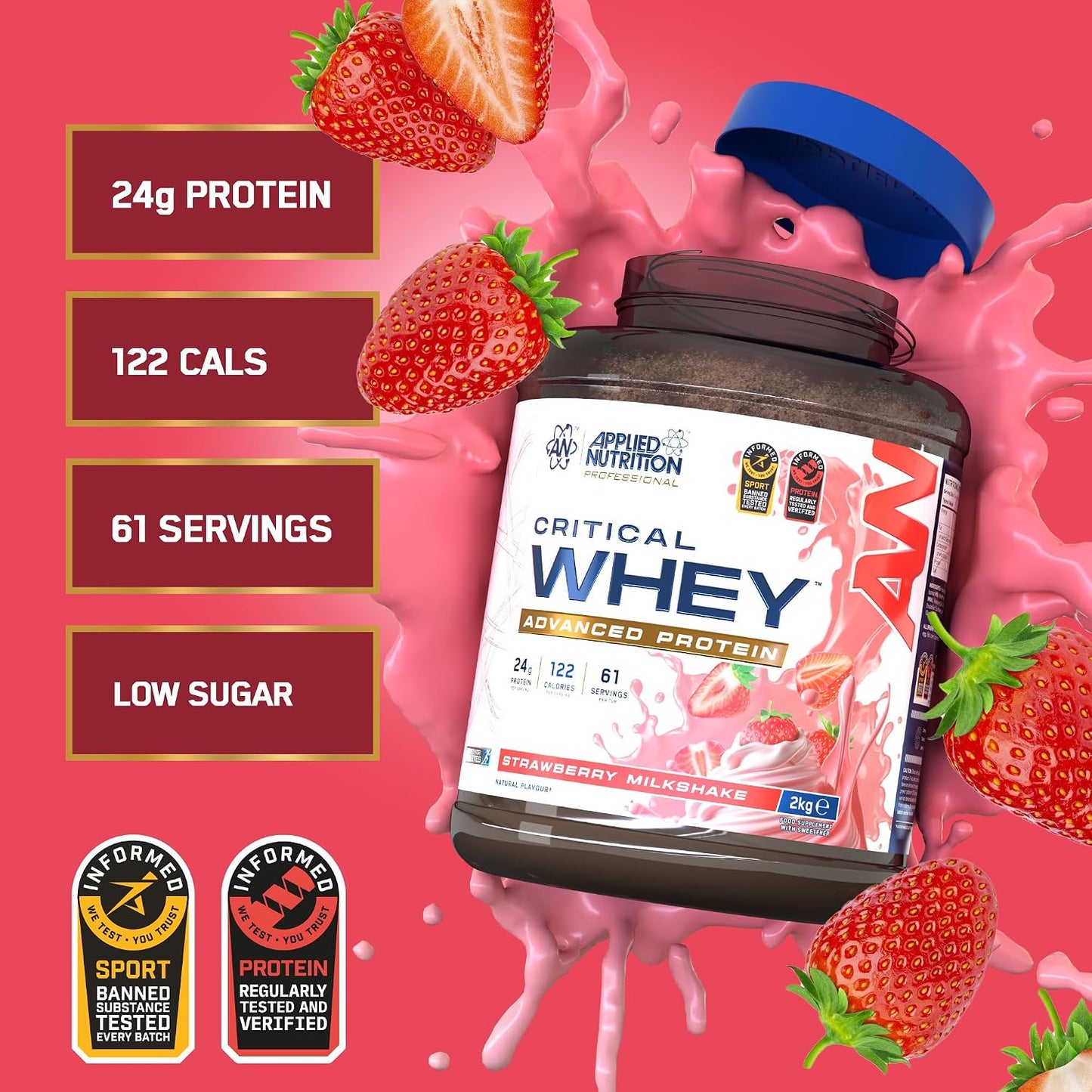 Applied Nutrition Critical Whey Protein Powder - Strawberry Milkshake | 24g Protein per Serving, High Protein Powder, Protein Shake with BCAAs & Glutamine (2Kg - 61 Servings)