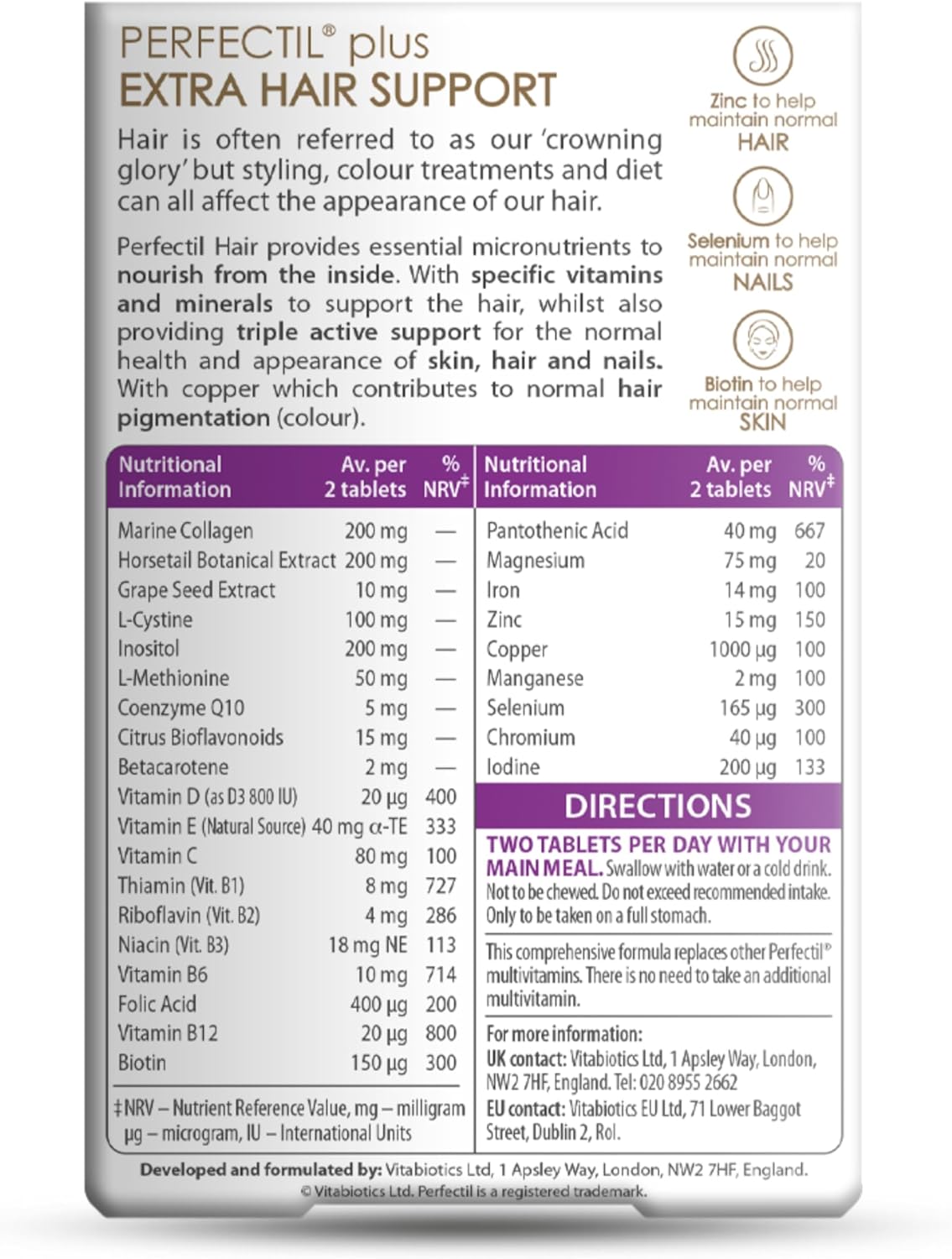 Vitabiotics Perfectil Hair Beauty Supplement for Hair - Includes Biotin, CoQ10 & Collagen, 60 Tablets 30-