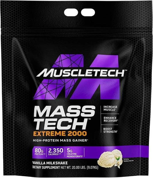 Mass Gainer Protein Powder, MuscleTech Mass-Tech Extreme 2000, Muscle Builder Whey Protein Powder, Protein + Creatine + Carbs, Max-Protein Weight Gainer for Women & Men, Vanilla, 20 lbs 9kgs