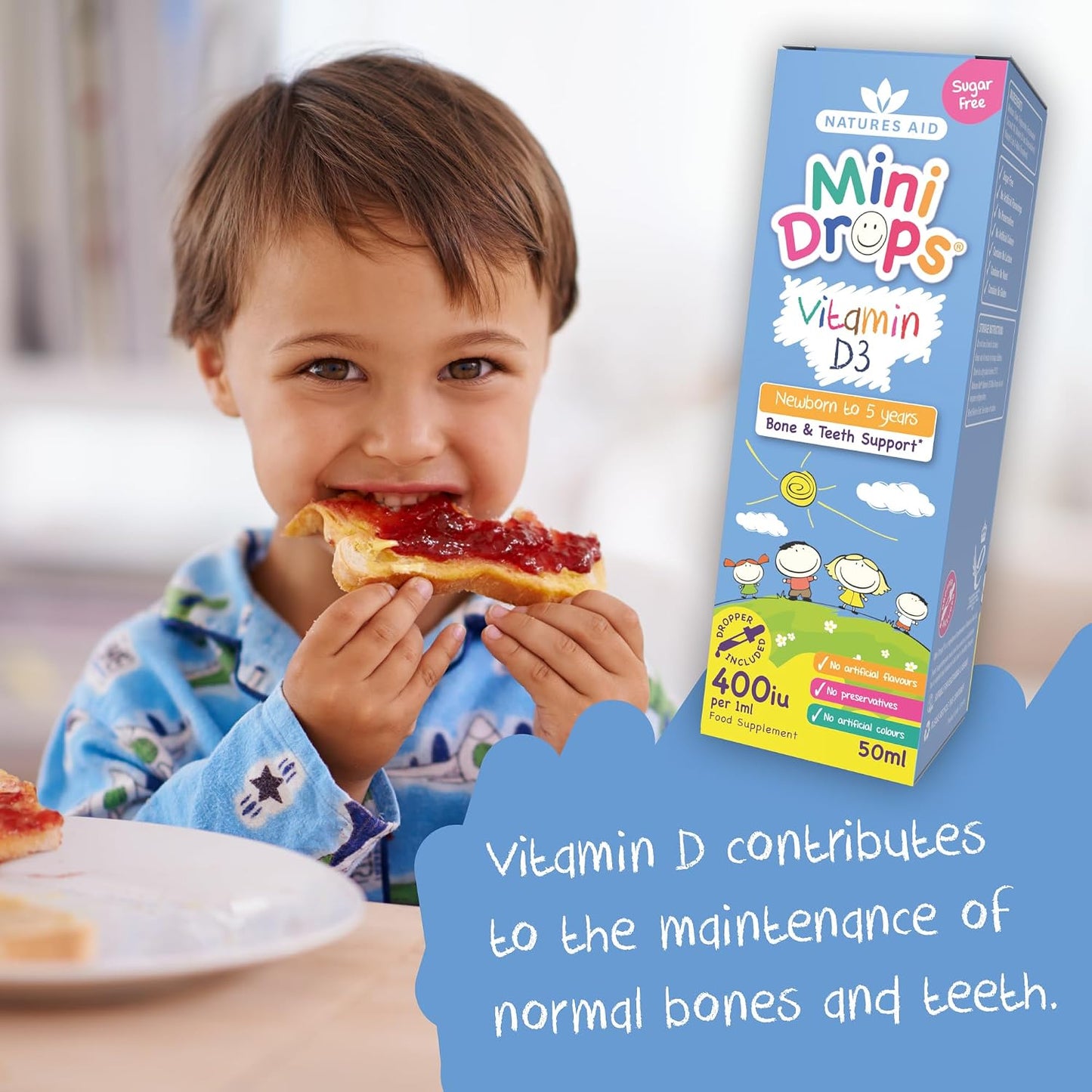 Natures Aid Mini Drops Vitamin D3 Liquid Supplement - 50ml | For Infants & Kids, Supports Bone, Teeth & Immune System, Sugar Free, Vegan, Non-GMO, Gluten-Free, Dropper Included
