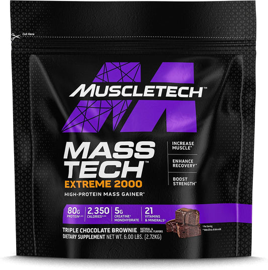 MuscleTech Mass Tech Extreme 2000 High Protein Mass Gainer Enhance Muscle Size & Strength, Increase Performance & Supports Muscle Recovery for Men & Women, Triple Chocolate Brownie Flavor, 6.00 lbs 2.72KG