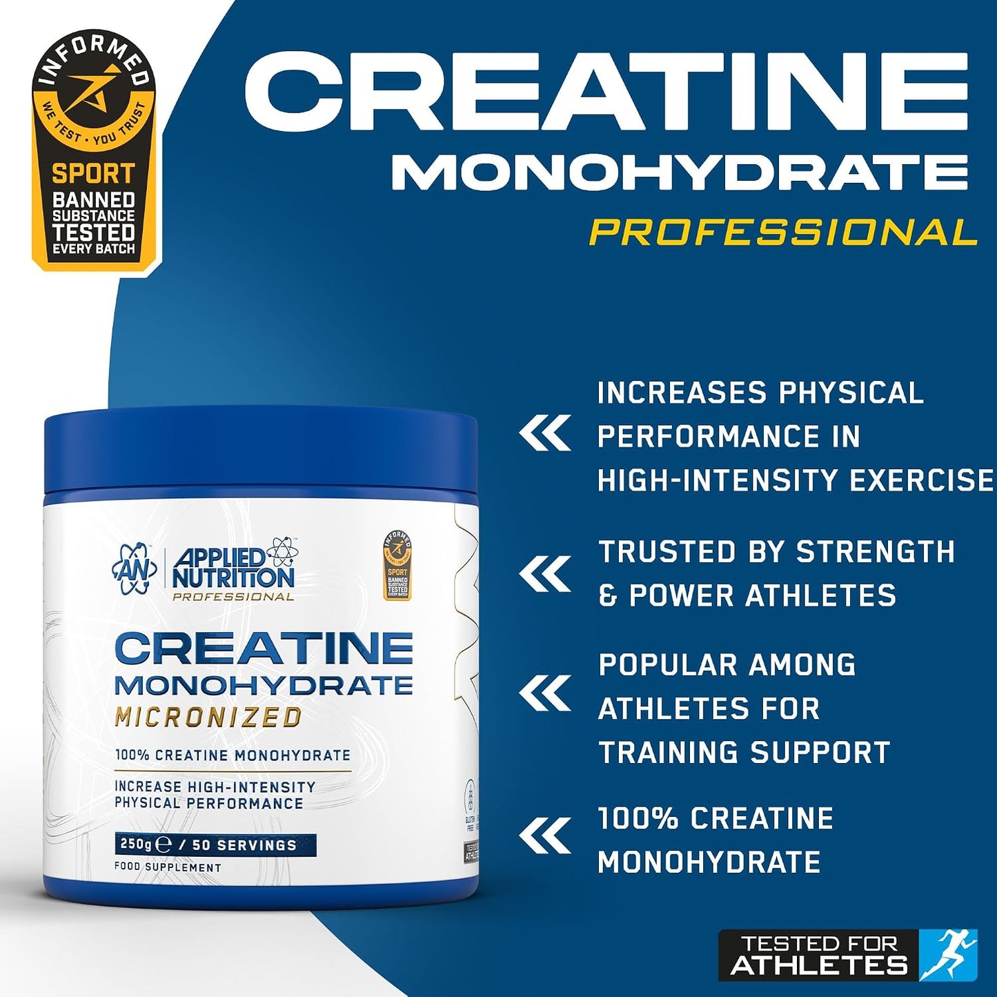 Applied Nutrition Creatine Monohydrate Powder Unflavoured 250g | Informed Sport Certified Micronized Creatine Monohydrate - Strength, Muscle, Power - 5g Per Serving (50 Servings)