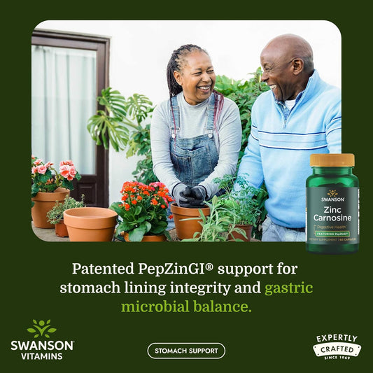 Swanson Zinc Carnosine (PepZinGI) Gastric Health Supplement, 60 Capsules | For Digestive-Sensitive Adults Seeking Stomach Lining Support, Patented PepZinGI Zinc and L-Carnosine