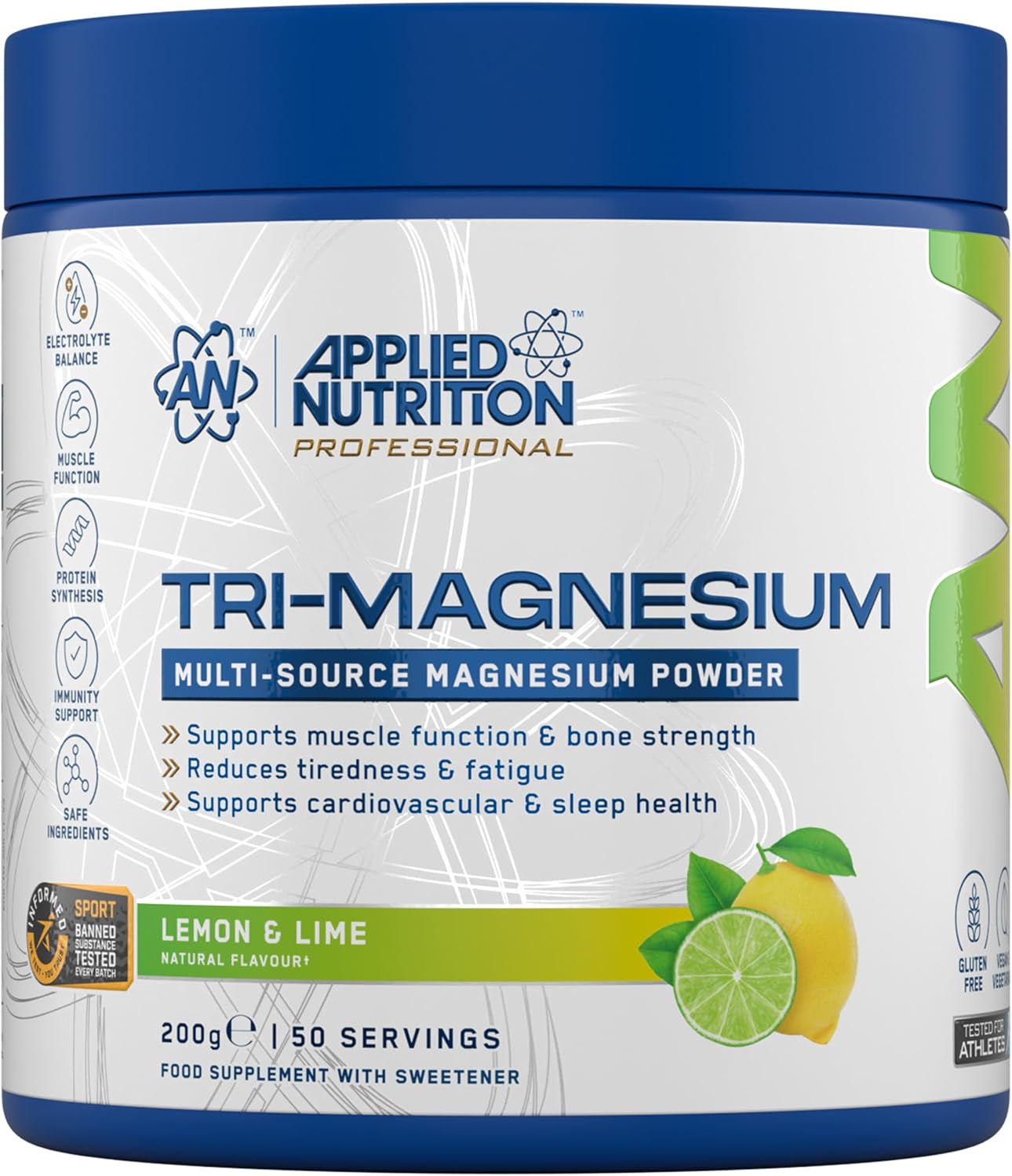Applied Nutrition Tri-Magnesium Powder 3 in 1 - Magnesium Glycinate Supplements for Bone, Muscle, Nervous System Sleep Health - 300 mg per Serving (200g - 50 Servings) (Lemon & Lime)