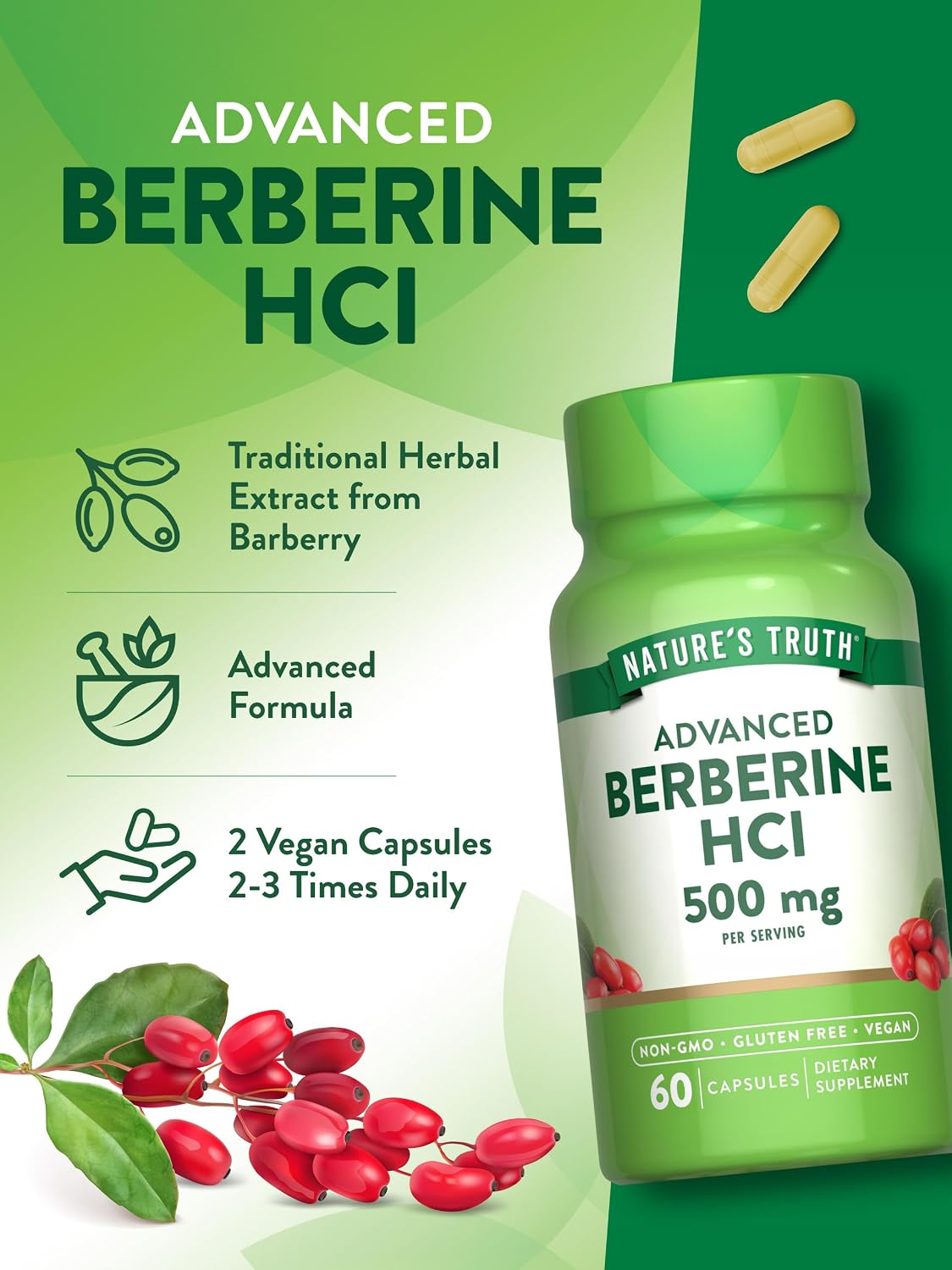 Nature's Truth Berberine HCl 500mg | 60 Capsules | from Barberry Extract | Vegan, Non-GMO, and Gluten Free Supplement