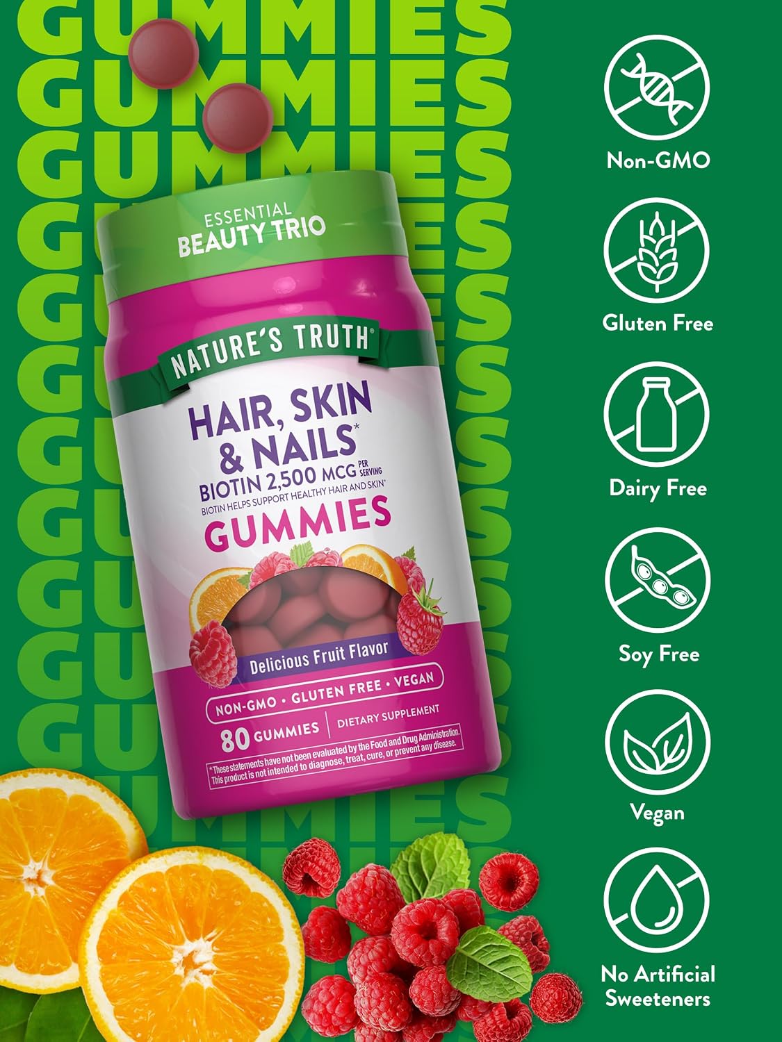 Nature's Truth Hair Skin and Nails Gummies | 80 Count | 2500mcg of Biotin | Vegan, Non-GMO, Gluten Free Supplement | Vitamin for Women & Men