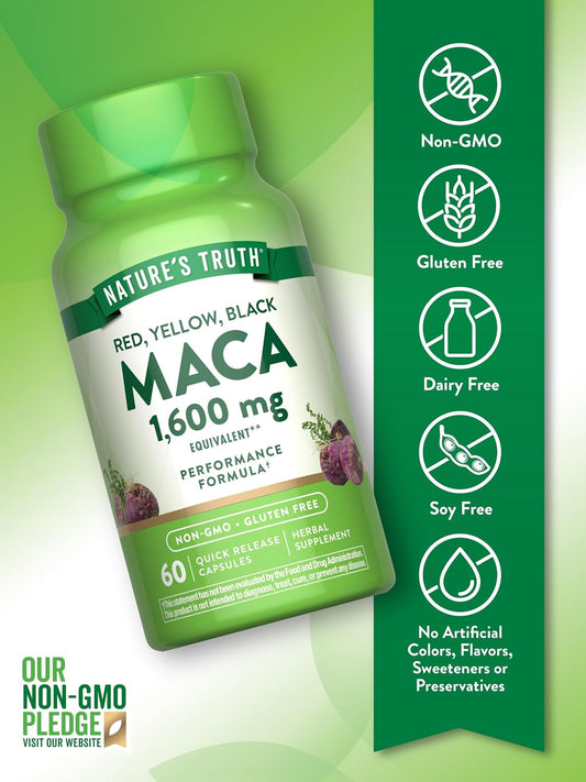 Nature's Truth Maca Root | 60 Quick Release Capsules | Red, Yellow, and Black | Performance Formula | Non-GMO & Gluten Free