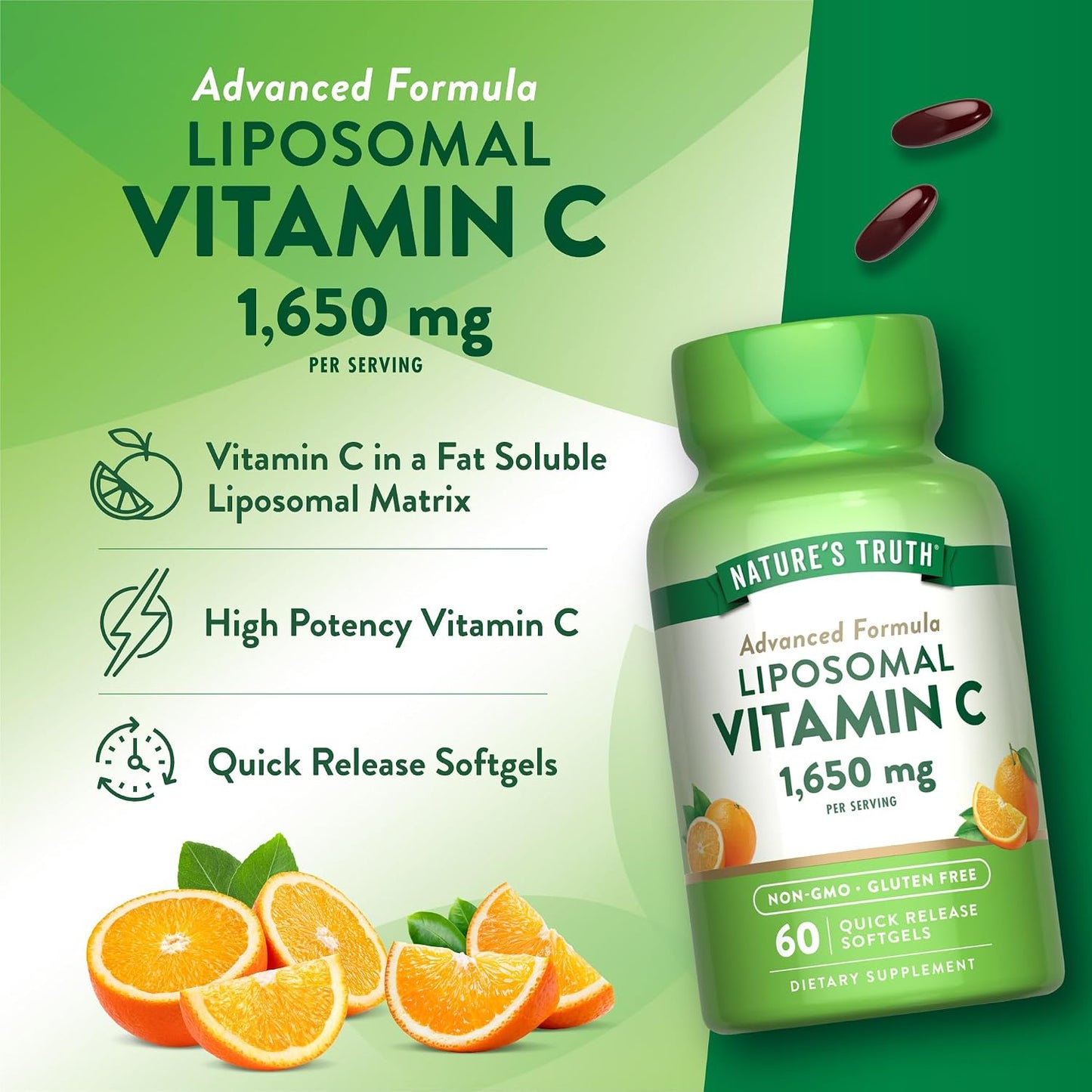 NATURE’S TRUTH Liposomal Vitamin C 1650mg per serving QR softgels 60s