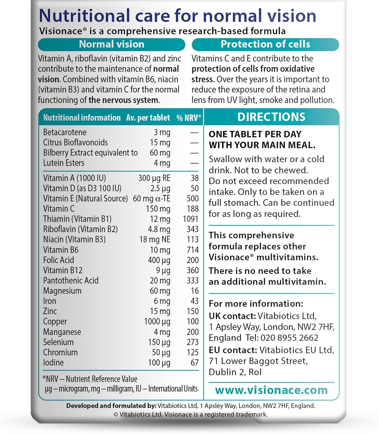 Vitabiotics Visionace Original One-A-Day Formula Tablets to Support Vision Acuity and a Healthy Vision,