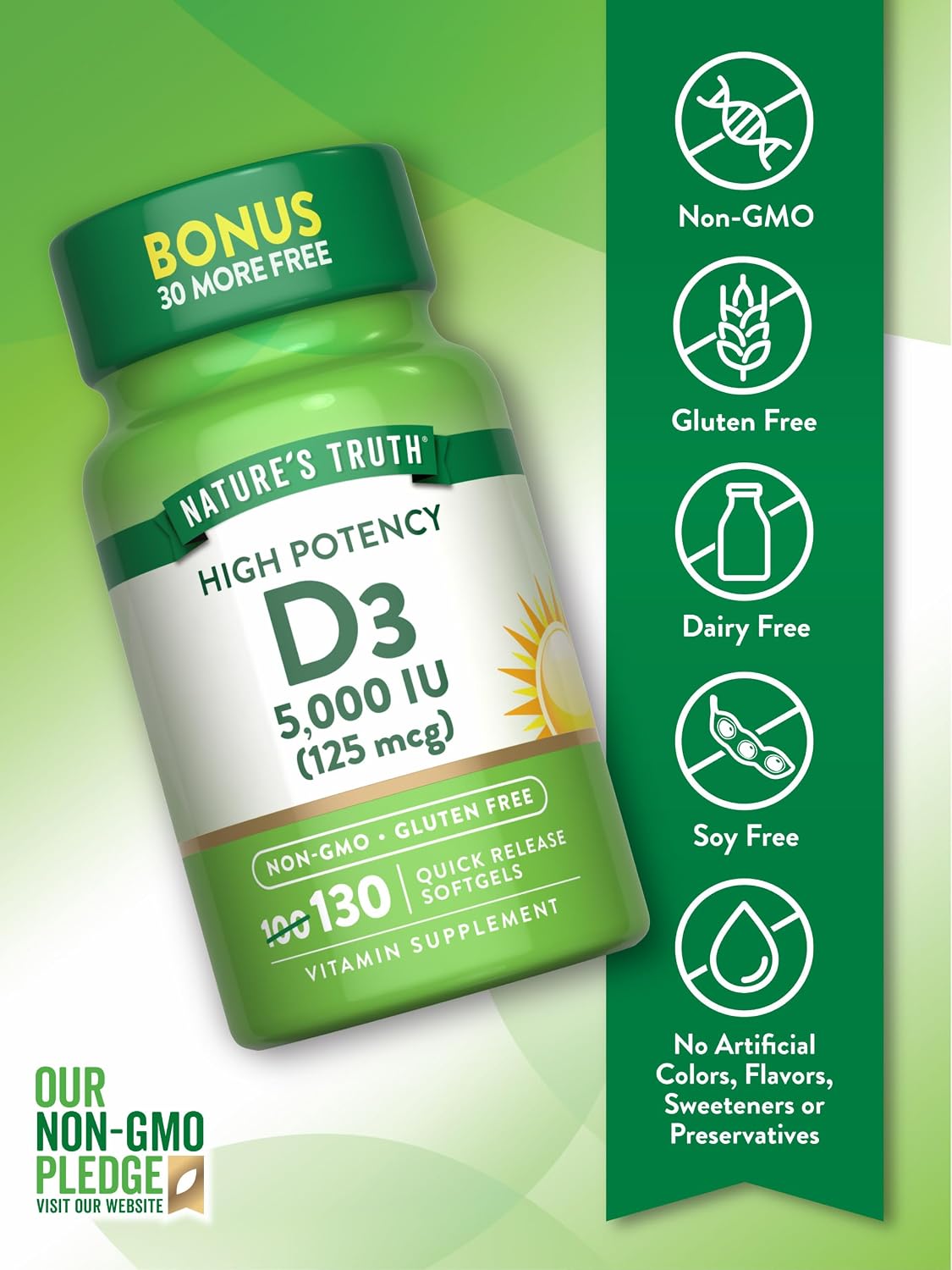 Nature's Truth Vitamin D3 5000 IU Softgels | 130 Count | High Potency | Non-GMO & Gluten Free