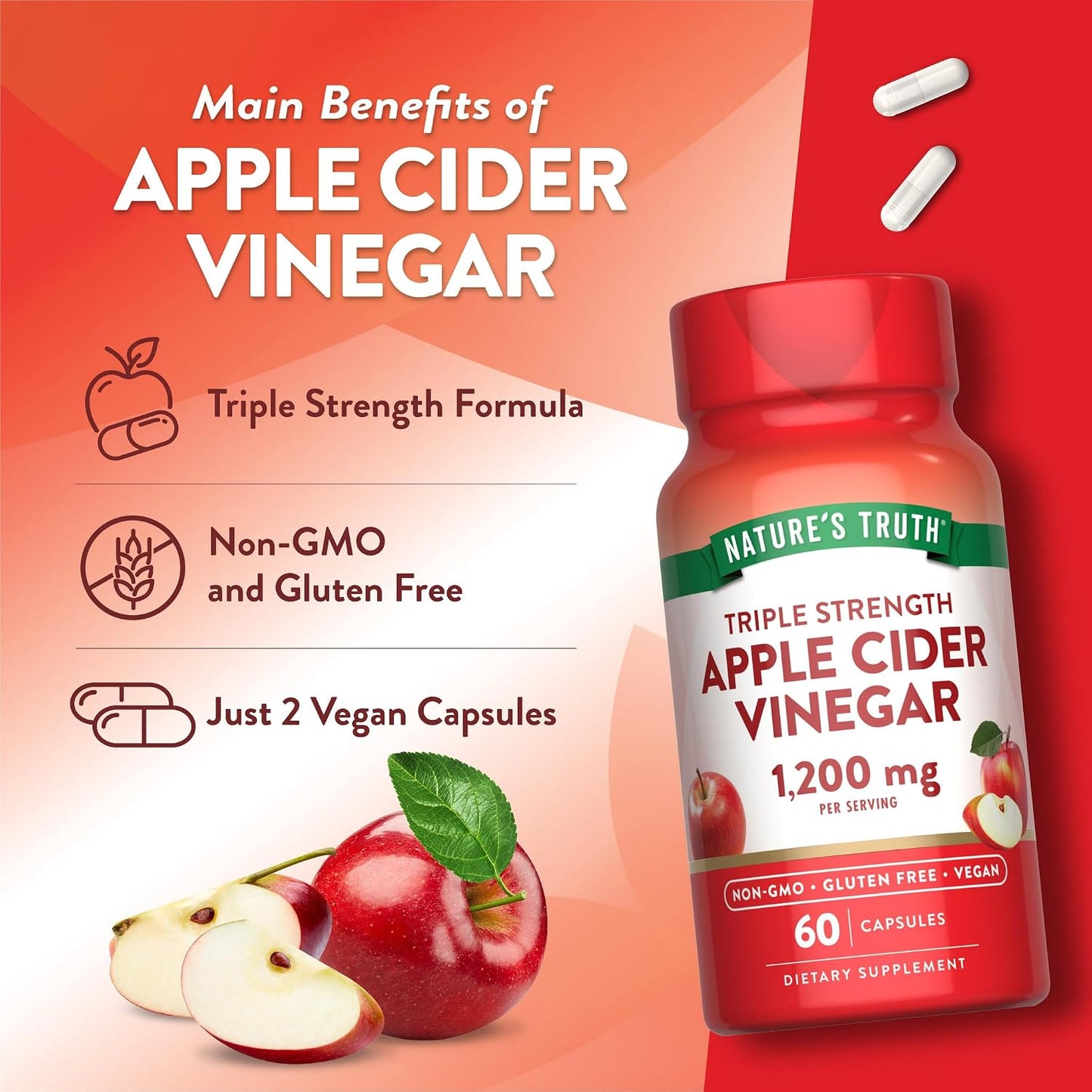 Nature's Truth Apple Cider Vinegar Vegan Capsules | 1200mg | 60 Veggie Pills | Extra Strength | Vegan, Non-GMO and Gluten Free Supplement
