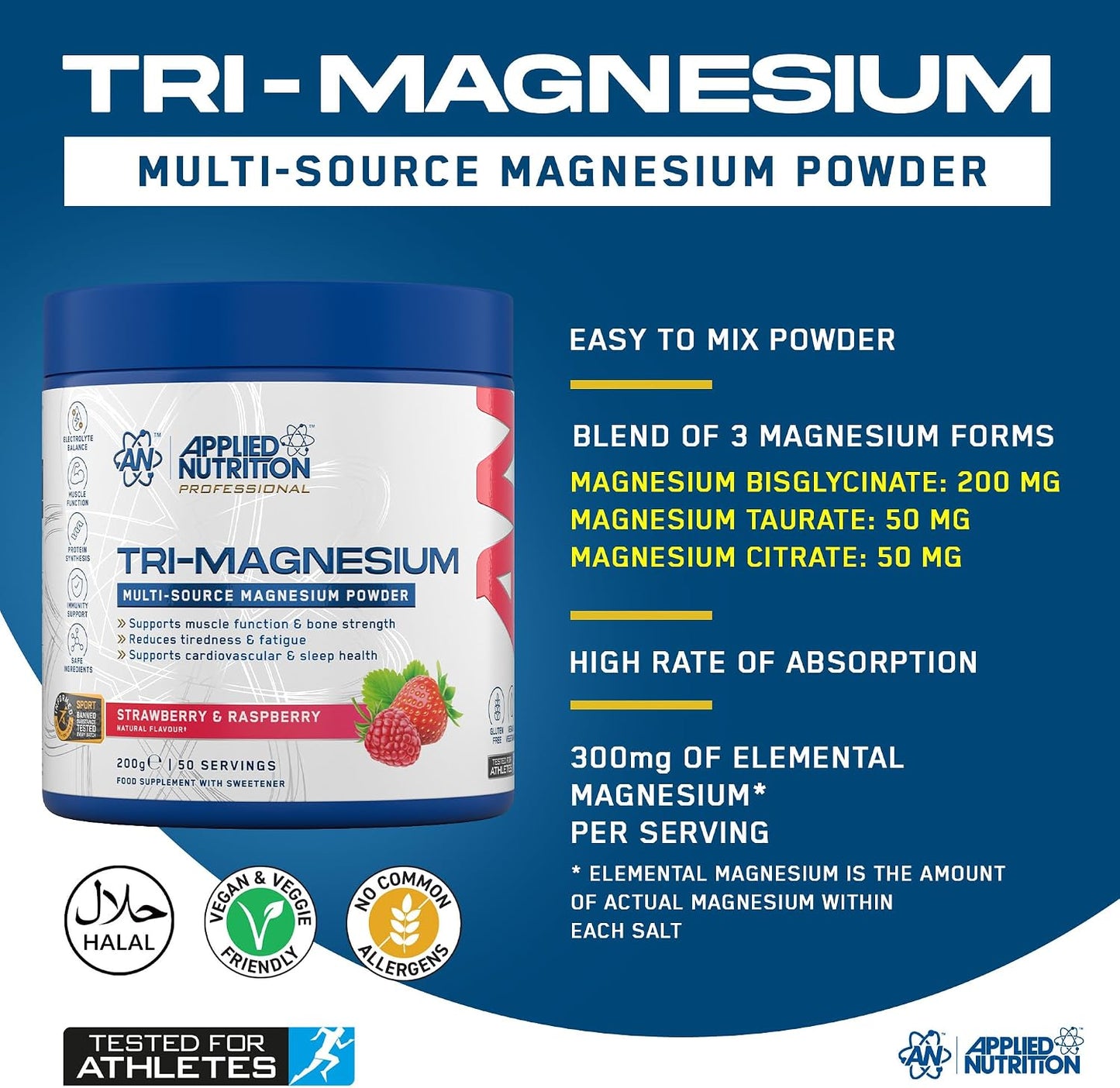 Applied Nutrition Tri-Magnesium Powder 3 in 1 - Magnesium Glycinate Supplements for Bone, Muscle, Nervous System Sleep Health - 300 mg per Serving (200g - 50 Servings) (Lemon & Lime)