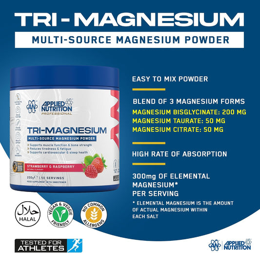 Applied Nutrition Tri-Magnesium Powder 3 in 1 - Magnesium Glycinate Supplements for Bone, Muscle, Nervous System Sleep Health - 300 mg per Serving (200g - 50 Servings) (Lemon & Lime)