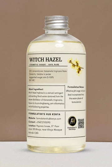 Formulators Hub Kenya – Witch Hazel Hydrosol 500ML-helps tone, refresh and balance the skin while reducing the appearance of excess oil and enlarged pores.