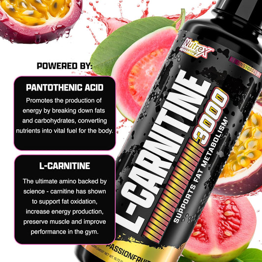 Nutrex Research L Carnitine 3000 - Clinically Dosed L-Carnitine Liquid for Energy, Metabolism & Muscle Recovery - Delicious Passionfruit Guava - No Sugar, No Carbs, No Stimulants - 31 Servings