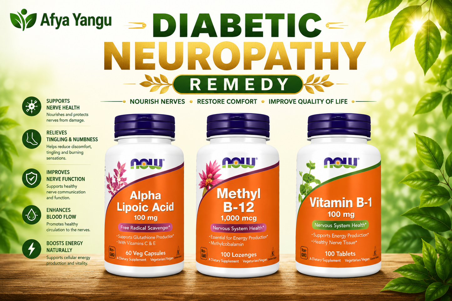 Neuropathy Support Supplement-Now Alpha Lipoic 60S-Now Methyl B12 100S-Now Vitamin B1 100S-Nerve damage-Tingling-Numbness-Cold feet-Burning Sensation