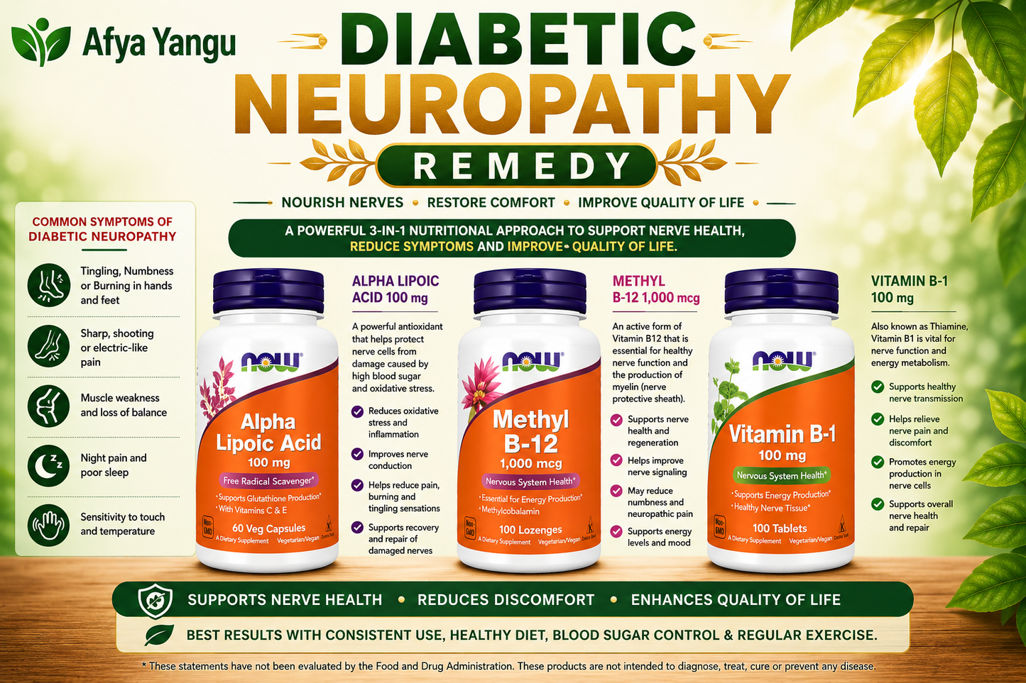 Neuropathy Support Supplement-Now Alpha Lipoic 60S-Now Methyl B12 100S-Now Vitamin B1 100S-Nerve damage-Tingling-Numbness-Cold feet-Burning Sensation