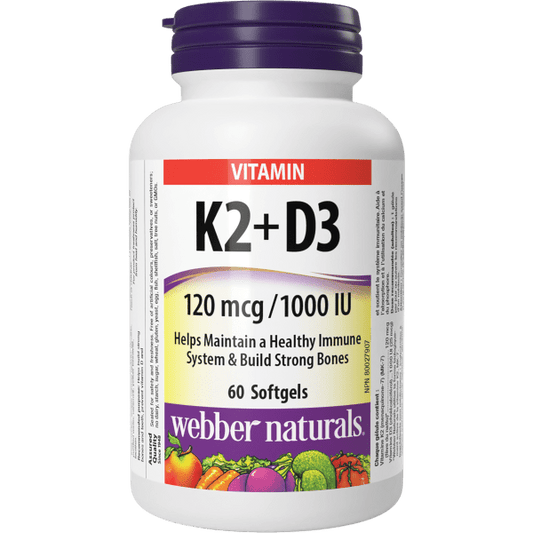 Webber Naturals Vitamin D3 K2 Supplements, 1,000 IU / 120mcg, 60 Softgels | Vitamin K2 MK7 and Vitamin D for Strong Bones, Teeth, and Cardiovascular Health, Supports Immune Function