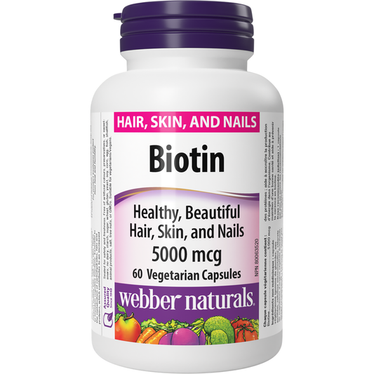 Webber Naturals Biotin 5000 mcg, 60 Vegetarian Capsules | 5000 mcg of Biotin per Capsule, Supports Healthy Hair, Skin & Nails